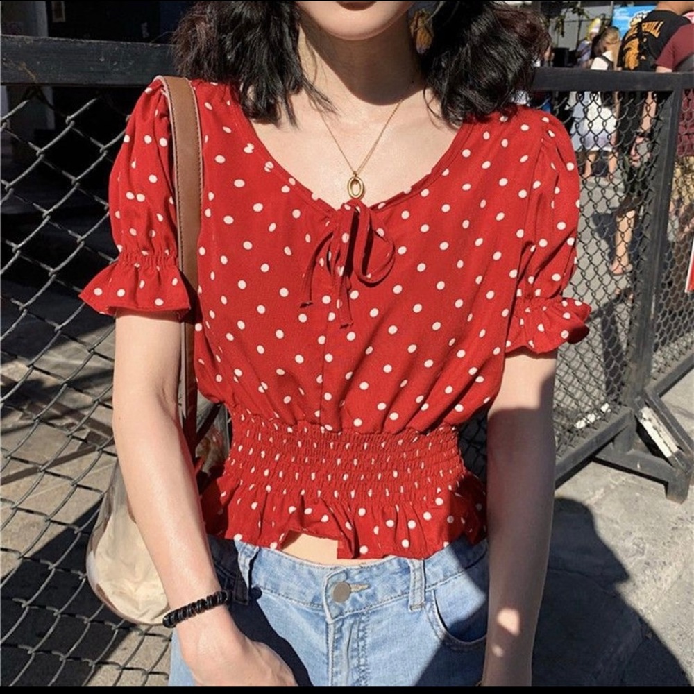 YesStyle red polka dot crop blouse